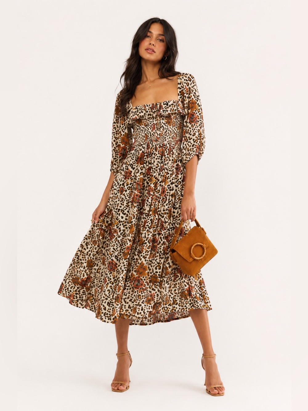 Free People Leopard Floral Square-Neck Midi Dress in Brown Size Medium
